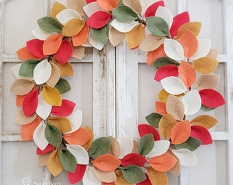 Fall Felt Wreath Harvest Decor Front Door Hanger Seasonal Decorations Handmade Design Gifts for Her Sarah Berry and Company Felted