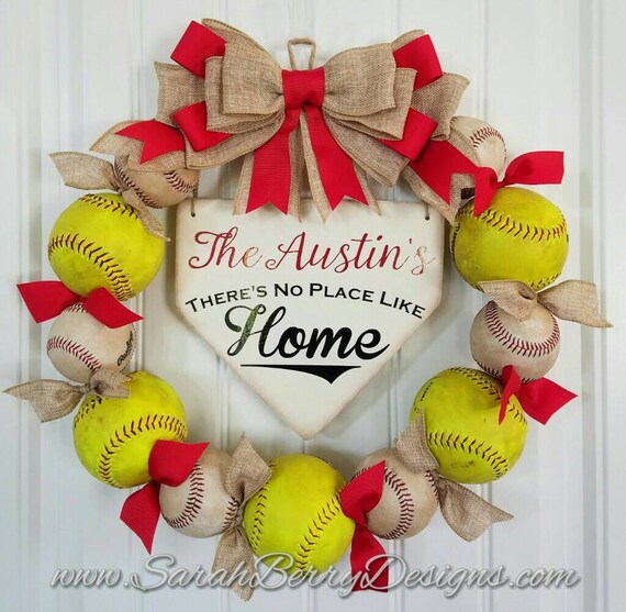 Baseball And Softball Wreath With Burlap Bow Made With Real Balls Home Base Sign Softball Custom Name Mlb Baseball Front Door Wreath