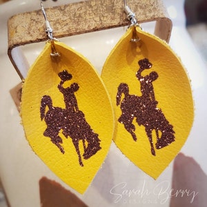 Wyoming Cowboys Leather Teardrop Earrings Brown and Gold Go Pokes 307 Steamboat Bucking Horse Sarah Berry & Company University WY image 2