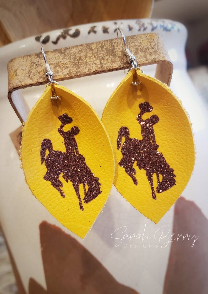 Wyoming Cowboys Leather Teardrop Earrings Brown and Gold Go Pokes 307 Steamboat Bucking Horse Sarah Berry & Company University WY image 2