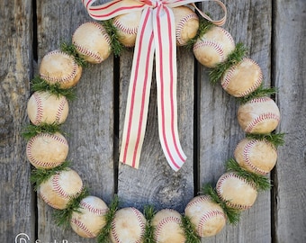 Baseball Wreath with Stained Baseballs Red Striped Bow Summer Front Door Hanger Summer Wreaths Baseball Mom Gifts Baseball Party Decorations