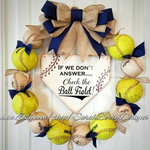 Baseball and Softball Wreath with burlap bow - Made with REAL balls!!! Home Base Sign -Softball- Ballfield- MLB - Baseball-Front Door Wreath