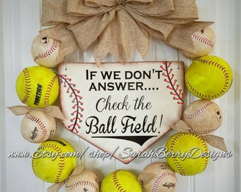 Baseball Softball Wreath: Burlap Bow, Home Plate Sign
