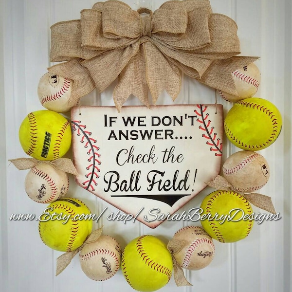 Baseball Softball Wreath: Burlap Bow, Home Plate Sign