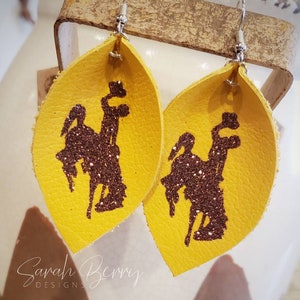 Wyoming Cowboys Leather Teardrop Earrings Brown and Gold Go Pokes 307 Steamboat Bucking Horse Sarah Berry & Company University WY image 1