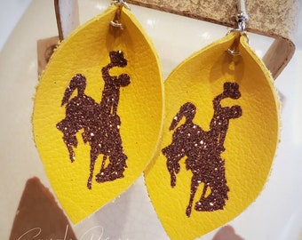 Wyoming Cowboys Leather Earrings University of Wyoming UW Brown and Gold Bucking Horse 307 Football Jewelry Sarah Berry and Company Alumni