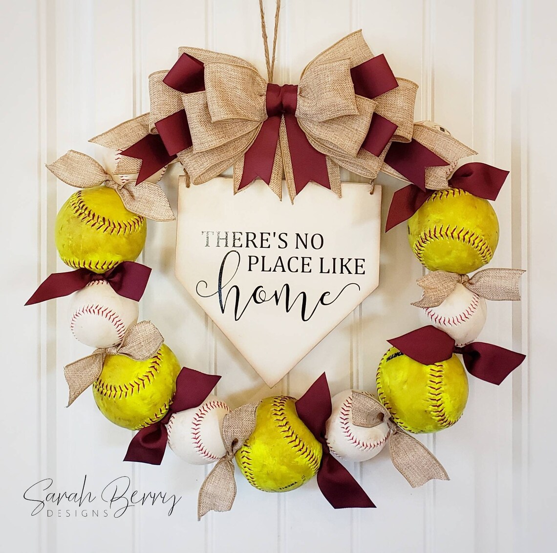 Baseball Softball Wreath With Burlap Bow Home Plate Sign Etsy