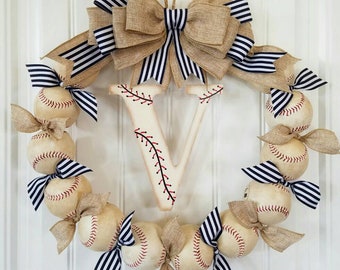 Baseball Wreath with Burlap Bow and Navy/White Striped Ribbon - Baseball - Front Door Wreaths - Monogram - Baseballs Wreaths - Baseball Mom