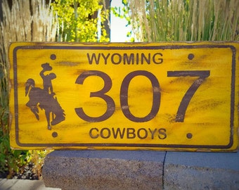 Wyoming 307 License Plate - Custom Wooden Wyoming License Plate - Wyoming Cowboys - Bucking horse and rider