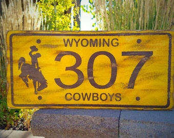 Wyoming 307 Wooden License Plate Custom Cowboys Decor University of Wyoming Alum Gift Go Pokes  Brown and Gold Decor Steamboat Bucking Horse
