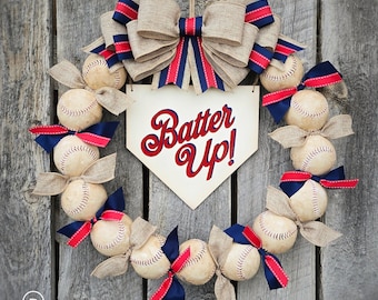 Baseball Wreath with Batter Up Home Plate Sign Summer Wreaths Baseball Nursery Mom Gifts Summer Front Porch Decor Spring Decorations