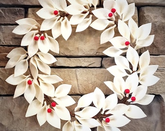 Ivory Winter Felt Leaf Wreath with Red Berries - Front Door Wreaths - Handmade - Sarah Berry & Company  - Wool Felt - Christmas Wreaths