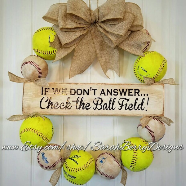 Softball and Baseball Wreath with burlap bow - Made with REAL balls!!! Softball and Baseball decor - Coach's Gift - Front Door Wreaths