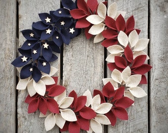 Vintage American Flag Themed Felt Wreath - Patriotic Front Door Wreath - Sarah Berry & Company - 4th of July -Summer Wreath -Memorial Day