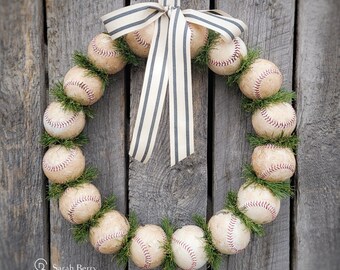 Baseballs Wreath with Faux Grass Black and Ivory Striped Bow Baseball Mom Gift Play Ball Baseball Nursery Decor Coaches Gifts Home Run