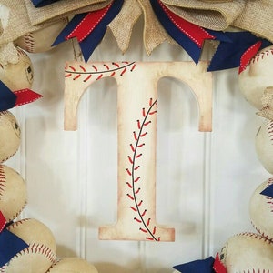 Baseball Wreath with Burlap Bow Baseball Team Gift Front Door Wreaths Monogram Spring Summer Wreath Navy and Red Baseball Wreath image 3