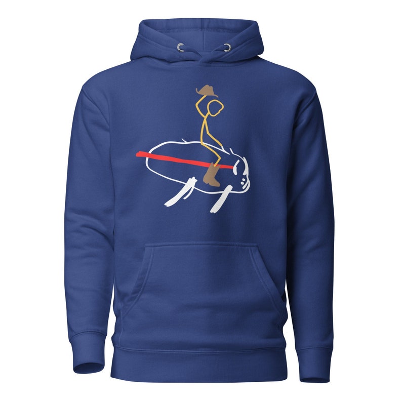 May include: A royal blue hoodie with a white stick figure riding a white bull with a red stripe. The stick figure is wearing a brown cowboy hat.