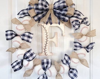 Baseball Wreath with Burlap and Navy Gingham Bow - Monogram Wreath - Coach's Gifts- Baseball Mom - Sarah Berry & Company- Front Door Wreaths