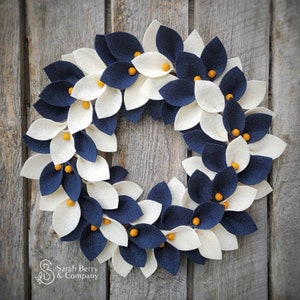 Navy and Ivory Felt Wreath with Mustard Berries - Front Door Wreaths - Sarah Berry & Co. - Housewarming Gifts - Modern Wreath - Minimalist