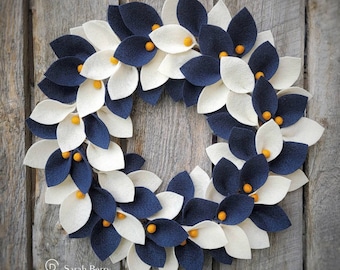 Navy and Ivory Felt Wreath with Mustard Berries - Front Door Wreaths - Sarah Berry & Co. - Housewarming Gifts - Modern Wreath - Minimalist