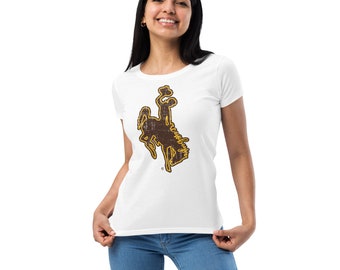 Wyoming Cowboys Steamboat Bucking Horse Women’s fitted t-shirt - Go Pokes - Brown and Gold - Wyoming Cowboys - Sarah Berry & Company