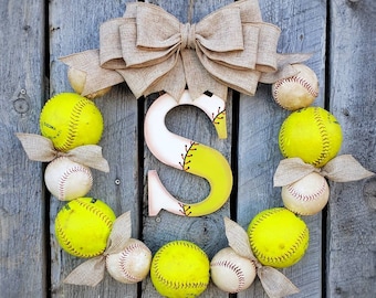 Baseball Softball Wreath: Custom Monogram, Burlap Bow Front Door Decor