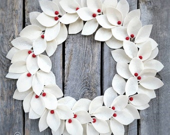 Large Ivory Winter Felt Leaf Wreath with Red Berries - Front Door Wreaths - Handmade - Sarah Berry & Company  - Wool - Christmas Wreaths