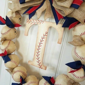 Baseball Wreath with Burlap Bow Baseball Team Gift Front Door Wreaths Monogram Spring Summer Wreath Navy and Red Baseball Wreath image 2