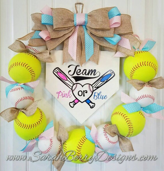 Gender Reveal Baseball Softball Wreath Baby Shower Softball Baseball Front Door Wreath Sarah Berry Designs Team Pink Team Blue
