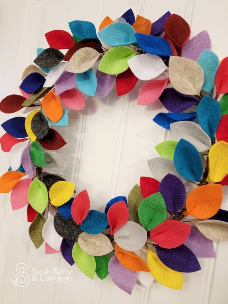 Multicolor Felt Leaf Wreath Handmade Front Door Wreath Hostess Gift Rainbow Decor Colorful Sarah Berry & Company Modern Wreath image 3