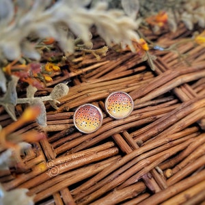 May include: A pair of small, round earrings with a gradient design of orange, yellow, and brown. The earrings have a speckled pattern and are set against a woven background.