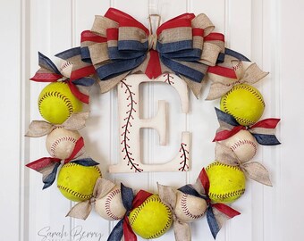 Baseball Softball Wreath: Patriotic Monogram Door Decor