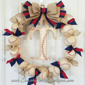 Baseball Wreath with Burlap Bow Baseball Team Gift Front Door Wreaths Monogram Spring Summer Wreath Navy and Red Baseball Wreath image 1