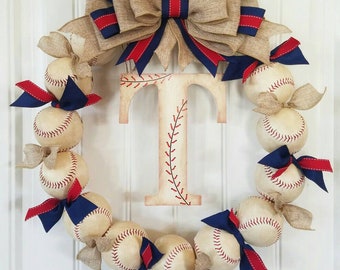 Baseball Wreath with Burlap Bow - Baseball Team Gift - Front Door Wreaths - Monogram - Spring Summer Wreath - Navy and Red - Baseball Wreath