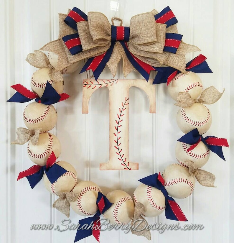 Baseball Wreath with Burlap Bow Baseball Team Gift Front Door Wreaths Monogram Spring Summer Wreath Navy and Red Baseball Wreath image 1