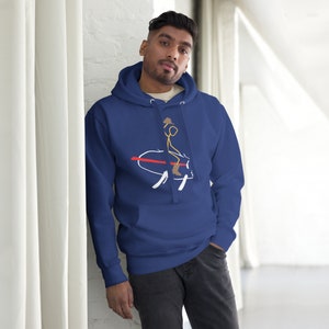 May include: A navy blue hoodie with a white graphic of a stick figure riding a bull. The bull is white with red and black accents.