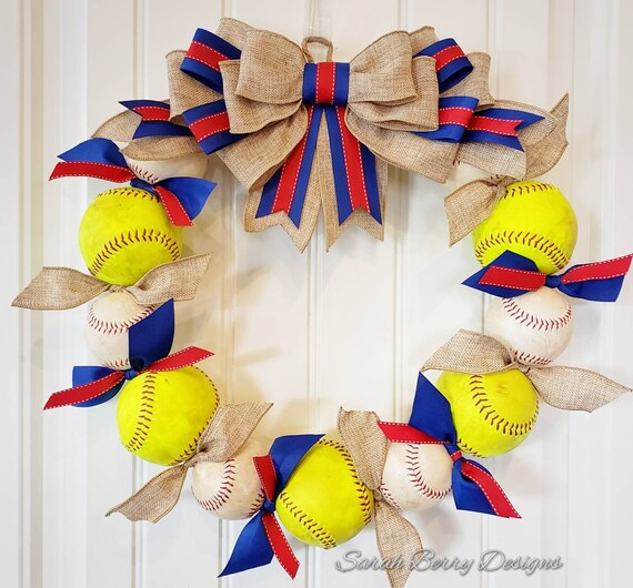 Baseball Wreath Softball Wreath With Burlap Bow Softball Mlb Baseball Front Door Wreaths Gifts For Her Coach S Gift Baseball Team