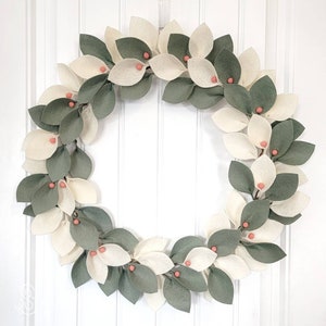 Oversized Ivory and Sage Felt Leaf Wreath with Coral Berries - Front Door Wreaths - Spring Wreath - Minimalist Decor - Sarah Berry and Co