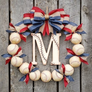 Baseball Wreath - American Flag - Red White and Blue - Front Door Wreaths - Rustic - Sarah Berry Designs - Last Name Monogram - Handmade