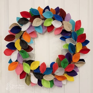 Handmade Multicolor Felt Leaf Wreath - Rainbow Front Door Decor