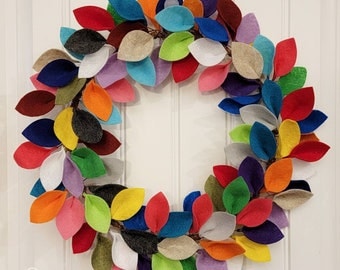 Multicolor Felt Leaf Wreath - Handmade - Front Door Wreath - Hostess Gift - Rainbow Decor - Colorful - Sarah Berry & Company - Modern Wreath