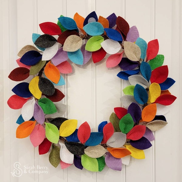 Multicolor Felt Leaf Wreath - Handmade - Front Door Wreath - Hostess Gift - Rainbow Decor - Colorful - Sarah Berry & Company - Modern Wreath