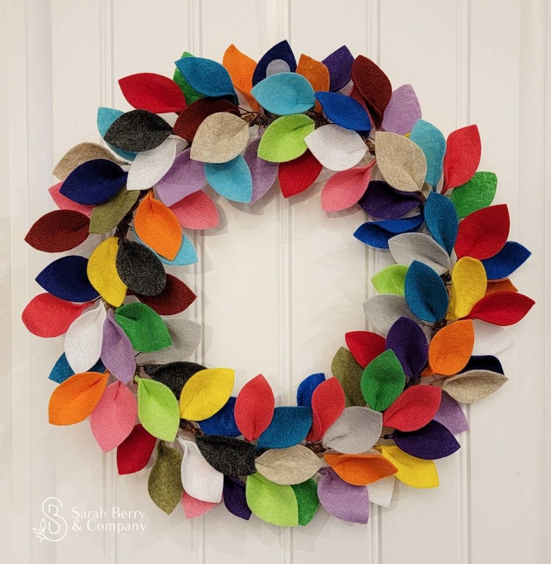 Multicolor Felt Leaf Wreath Handmade Front Door Wreath Hostess Gift Rainbow Decor Colorful Sarah Berry & Company Modern Wreath image 1