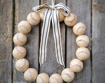 Baseball Wreath with Linen Bow - Vintage Inspired Baseball Decor - Front Door Wreaths - Baseball Wreath - Baseball Mom - Sarah Berry & Co