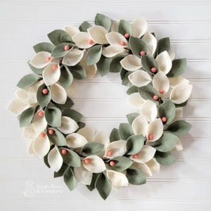 Ivory and Sage Felt Wreath with Coral Berries - Front Door Wreaths - Handmade - Sarah Berry & Co - Handmade - Modern Wreath - Spring Wreaths