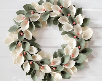 Felt Wreath Ivory and Sage with Pink Berries Easter Wreath Spring Home Decor Minimalist Home Decorations Sarah Berry and Company