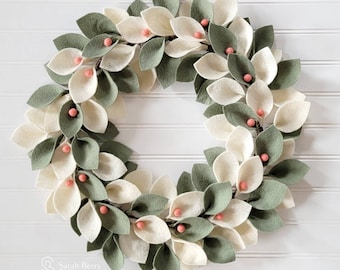 Ivory and Sage Felt Wreath with Coral Berries - Front Door Wreaths - Handmade - Sarah Berry & Co - Handmade - Modern Wreath - Spring Wreaths