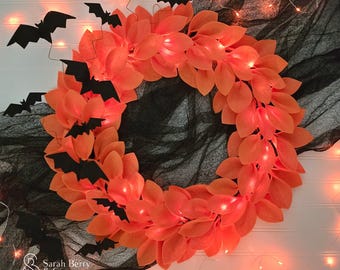 Halloween Wreath with Lights Orange Felt Door Hanger Spooky Wreath Halloween Party Decorations Spooky Season Decor Haunted House Sarah Berry