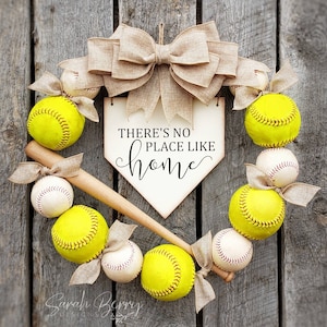 Baseball Softball Combo Wreath with Bat - Made with REAL balls!!! There's no place like home - Coach's Gifts  Baseball - Front Door Wreaths