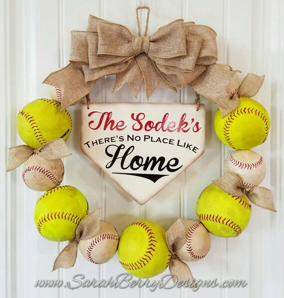 Baseball And Softball Wreath With Burlap Bow Made With Real Balls Home Base Sign Softball Custom Name Mlb Baseball Front Door Wreath